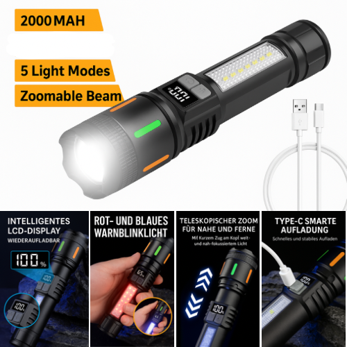 🔦 NovaFlash – LED-Taschenlampe mit Zoom & Display